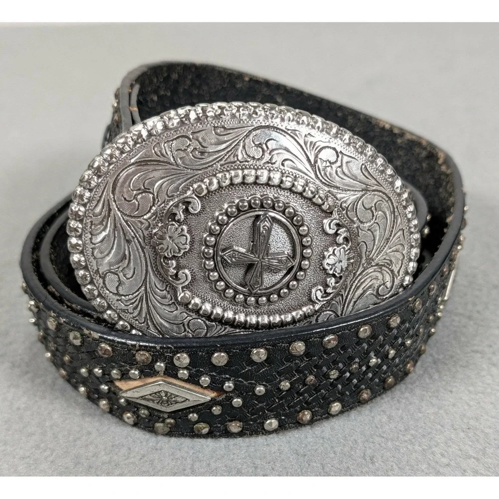 Nocona Belt Mens Genuine Leather Western Braided 32 Black Silver Buckle Cross
